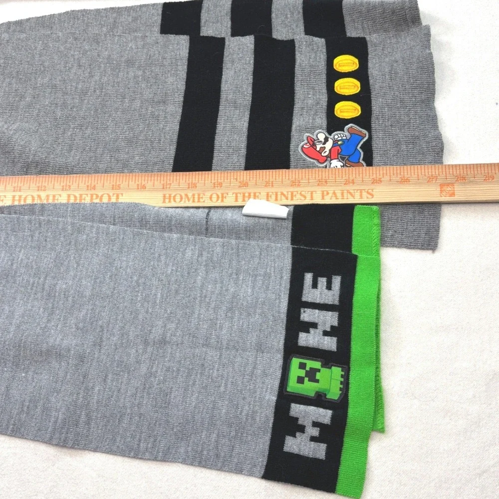 Youth Nintendo Super Mario & Minecraft Beanie & Scarf 4 Piece Winter Bundle Grey